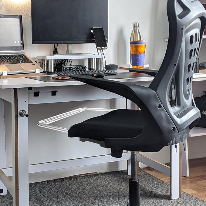 KALLORY One-Piece Electroplating Footrest for Office Chair Stainless Steel Telescopic Foot Pedal Frame 16.14X14.56X0.78In Space-Saving Pull-and-Flip Design for Comfortable Leg Support