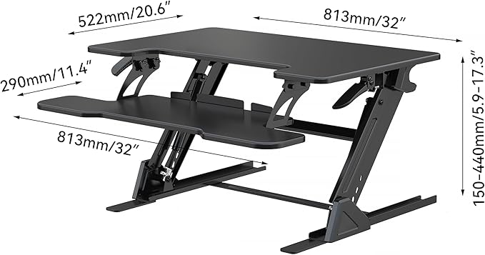 Standing Desk Converter 32 x 24 Inches - Height Adjustable Sit to Stand Riser with Keyboard Tray, Ergonomic Workstation for Home Office, Black
