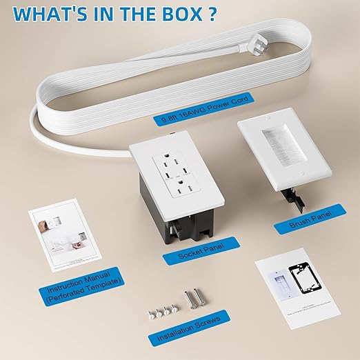 in Wall Cable Management Kit, 2 AC & 2 USB-C Ports Recessed Outlet Relocation kit,in Wall Power Kit with 9.8ft Extender for Unreachable Outlets,Hide TV Cords & Cables