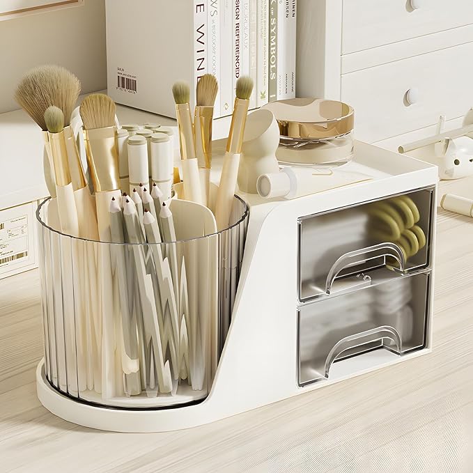 360 Degree Rotating Pencil Pen Holder for Desk , Cute Desk Pen Organizers Desktop Storage Stationery Supplies Cup Pot for Office School Home Art Supply Accessories Caddy Makeup Brush Holder White