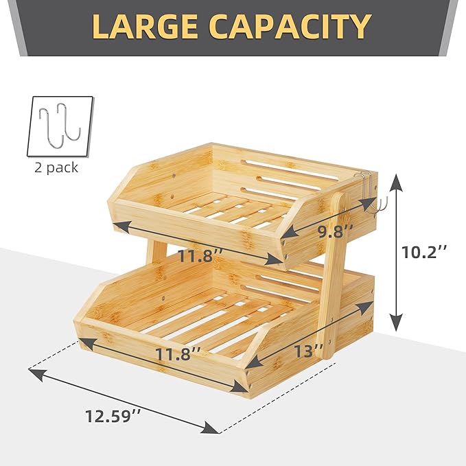 Bamboo 2 Tier Fruit Basket for Kitchen Counter, Large Capacity Fruit Storage Countertop, Fruit Holder, Wood Pantry Organizers and Storage, Kitchen Countertop Organizer With 2 Banana Hangers (Bamboo)