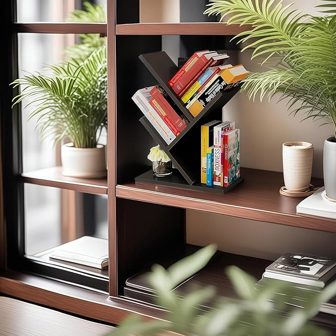 Godferyxin Tree Bookshelf, 3-Tier Wood Small Bookshelf and Mini Bookcase for Office, Home or School Desk Book Shelf for for Displaying Books, CDs, Magazines Wood Storage Rack