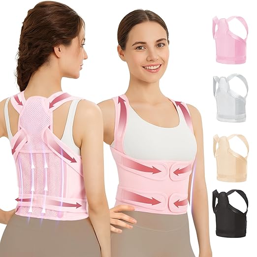 Posture Corrector for Women & Men, Adjustable Back Brace with Shoulder Straightener & Lumbar Support for Upper & Lower Back Pain Relief, Spine Support, Hunchback & Scoliosis, Pink, Large