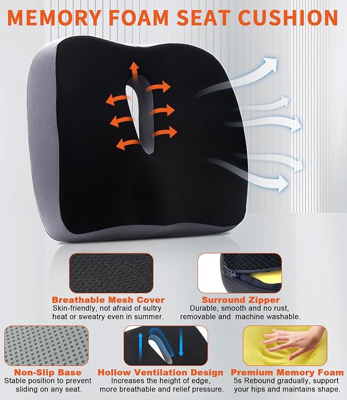Memory Foam Seat Cushion, Large Office Chair Cushions Chair Pad for Tailbone Sciatica Coccyx Lower Back Pain Relief, Orthopedic Butt Pillow for Desk Chair Car Wheelchair Long Sitting (Black)