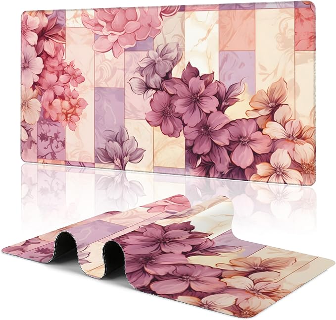 Large Mouse Pad Colorful Marble and Flower Gaming Mousepad Desk Pad Mat for Keyboard and Mouse, Large Non-Slip Rubber Base Mousepad Desk Mat with Stitched Edges for Gaming Office, 31.5 x 15.8 in