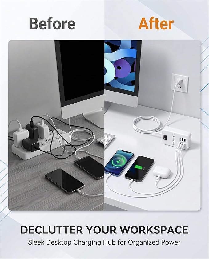 6 Ports USB Charger Hub Desktop US Plug AC Power Wall Travel Charging Adapter Slots Charging Station Extension Socket Outlet with Cable
