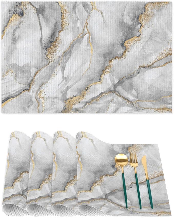 Placemats Set of 4 Heat-Resistant Rectangle Place Mats Grey Gold Marble Washable Plastic PVC Dining Table Mat Non-Slip Wipeable Woven Vinyl Placemat for Kitchen Patio Table Decor
