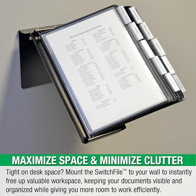 Ultimate Office SwitchFile Reference Organizer Displays Both Landscape or Portrait Documents, Desk or Wall Mount, Featuring, 10 EZ-Load Pockets to Hold 20 Sheets of Paper, Black Pockets