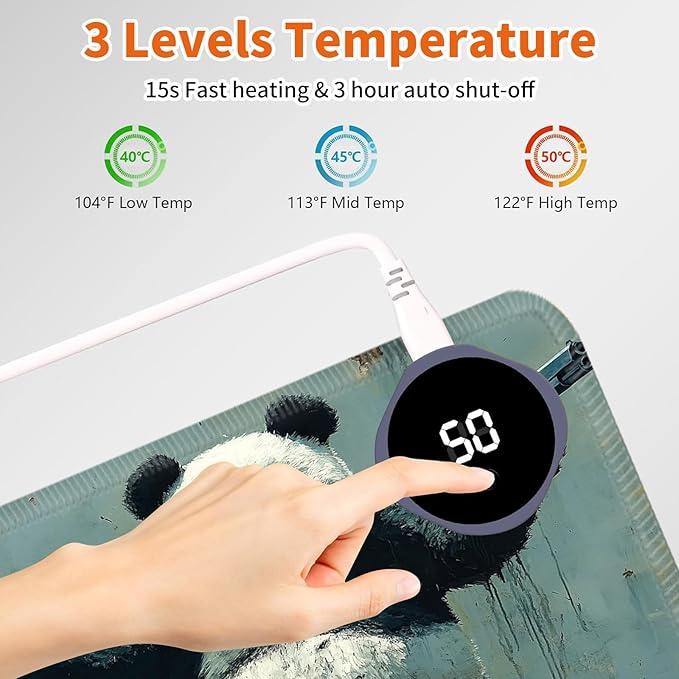 Heated Mouse Pad,Warm Desk Pad with 3 Levels Heating & 3 Hours Auto Shut-Off, PU Leather Heated Desk Pad Warmer Pad for Home Office - 23.6 x 14.2 inch,Panda