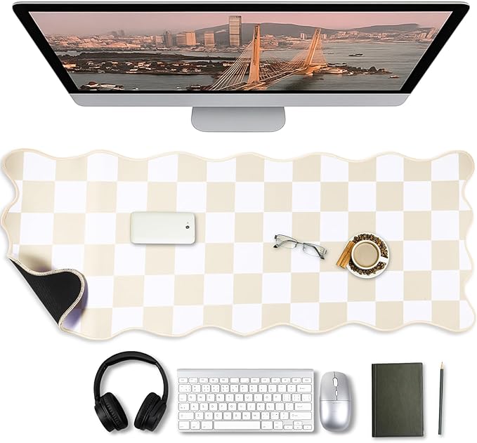Copkim 1 Pcs Beige Scalloped Checkered Desk Mat 31.5 x 11.8 Inch Large Cute Mouse Pad Computer Mat Non Slip Waterproof Rubber Base with Border Stitching Soft Keyboard Pad for Home Office Gaming Makeup