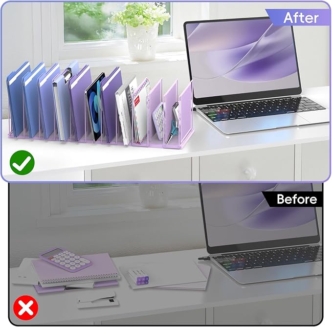 File Organizer for Desk, 11-Section Vertical File Sorter, Paper Holder Organizer Standing Metal File Folder for Office Home Classroom, Purple