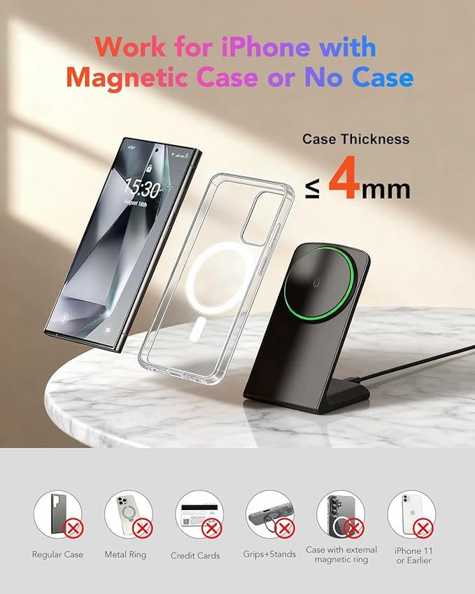 Magnetic Phone Charger Stand, Hands-Free Phone Holder, for iPhone 17-12 Samsung S26/S25 Google Pixel 10, Ideal for Office Desktop Nightstand, Qi-Certified, Matt Black, No Adapter