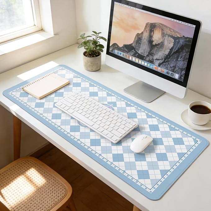 Aesthetic Floral Mouse Pad Large 35.4×15.7 Checkered Blue Desk Mat for Women, Non-Slip Water-Resistant Keyboard Pad for Home Office Gaming