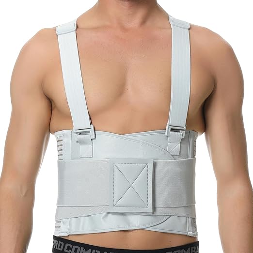 NeoTech Care Back Brace with Suspenders for Work - Industrial Lifting Safety, Elastic Compression, Hook & Loop Closure (Gray, Size M)