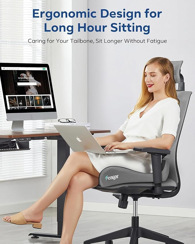 Feagar Seat Cushion for Office Chair - Memory Foam Tailbone Cushion for Desk Chair, Car Seat and Wheelchair - Ergonomic Chair Pad for Hip and Lower Back Comfort Gray