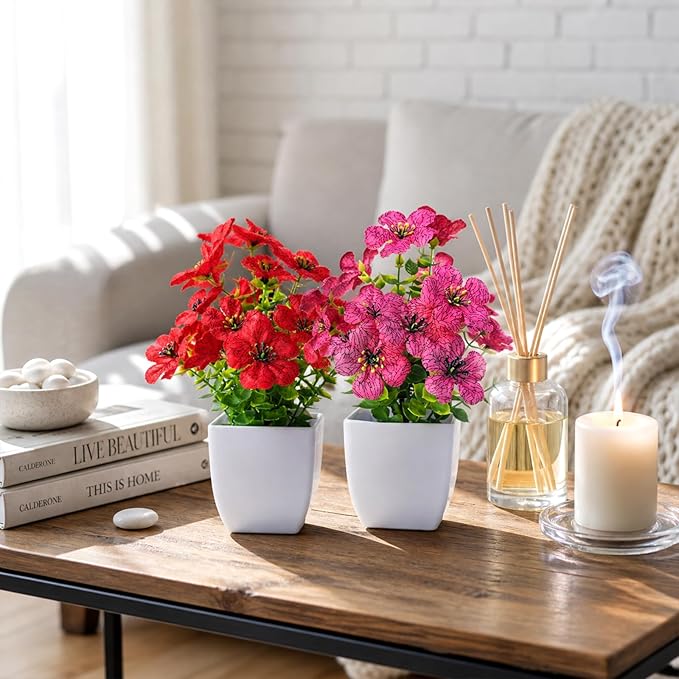 Fake Potted Flowers, Small Artificial Plants Indoor, Spring Decorations for Home, Mini Fake Flowers with Pot for Office Desk, Bathroom & Room Decor