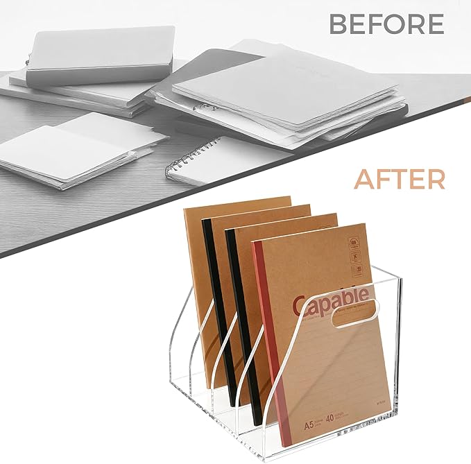 Acrylic File Folder Holder for Desk with Handles, 4-Slot Clear Desk Organizers and Accessories, Vertical Magazine File Sorter & Binder Holder, Desktop Book Organizer for Office, School & Home