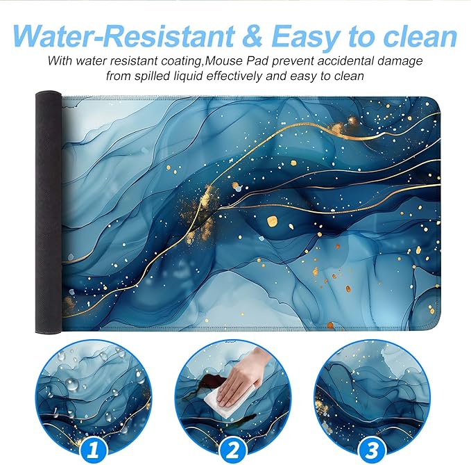 Marble Mouse Pad XXL – Large Blue Gold Marble Texture Desk Mat, Extended Non-Slip Mousepad for Office, Home, Workstation, Elegant Aesthetic Decor,31.5 x 11.8 in