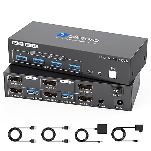 8K 60Hz Kvm Switch 2 Monitors 2 Computers, Support 4K 120Hz Kvm Switch Dual Monitor 2 Ports for 2 PC Share Mouse Keyboard and 2 Screens with USB 3.0 Cables and Extended Controller Plug and Play