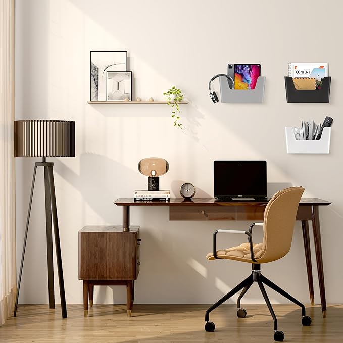 JOMOLA No Drilling File Holder 5 Pack Mail Organizer Wall Mount File Organizer Holder Office Wall Hanging Files Magazines Organizer Plastic Door Mount Wall Pocket with Adhesive Pad, White Color