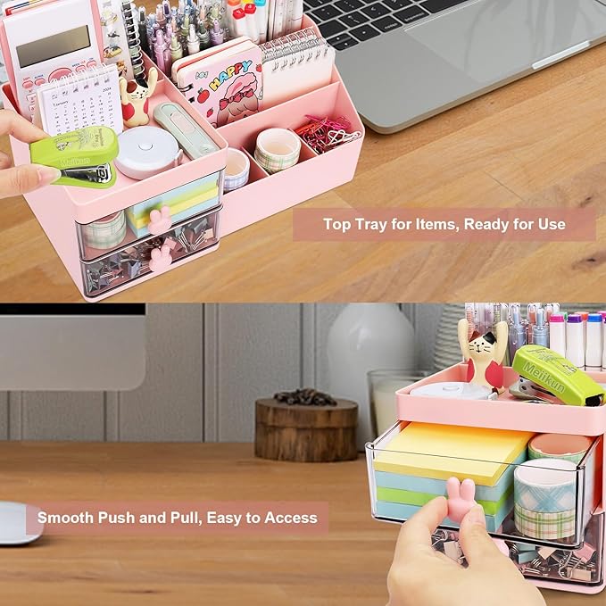 Meiikun Desk Organizer, Makeup Organizer with 2 Drawers, 7 Compartment & a Top Tray, Desktop Organizers and Storage for Women, Cute Home organization Bathroom, 11" x 5.7" x 4.7" (Pink)