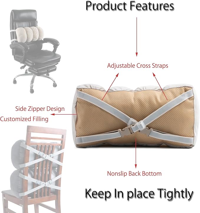 ALIBO Half Moon Rould Roll Fluffy Big Neck Pillow Recliner/Office Chair D Shaped Bouncy Lumbar Pillow with Adjustable Filling Back Pain Relief Lumbar Support Nonslip Soft Leg Lift Cushion