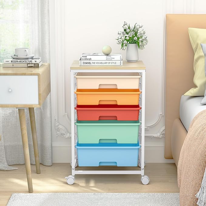 SYKIARIOL Utility Cart with 5 Drawers,Storage Cart with Wooden Tabletop and Lockable Wheels,Craft Storage Trolley Organizer,5-Tier Rolling Utility on Wheels,Macaron
