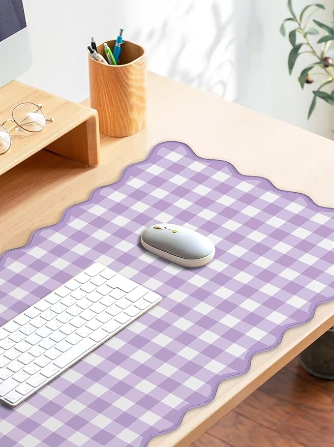Scalloped‌ Purple Checkered Gingham Desk Mat Cute Pastel Large Mouse Pad Kawaii Cottagecore ‌Vintage‌ Girly Laptop Keyboard Computer Mat Pad Aesthetic Cozy Office Desk Decor for Women