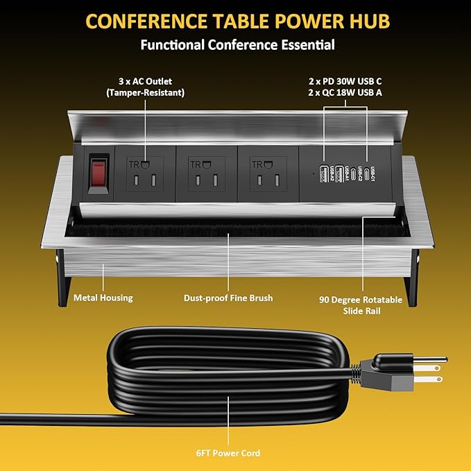 Kungfuking Recessed Power Strip with USB C PD 30W, Conference Table Power Hub Outlet Connectivity Box Rotatable with Switch and Metal Casing, 6 FT Cord