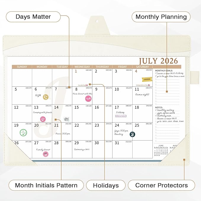 Ospelelf Leather Desk Calendar 2026-2027 Large 12"x17" Monthly Planner Pad with Protective Cover 18 Months Use July 2026 to December 2027 White
