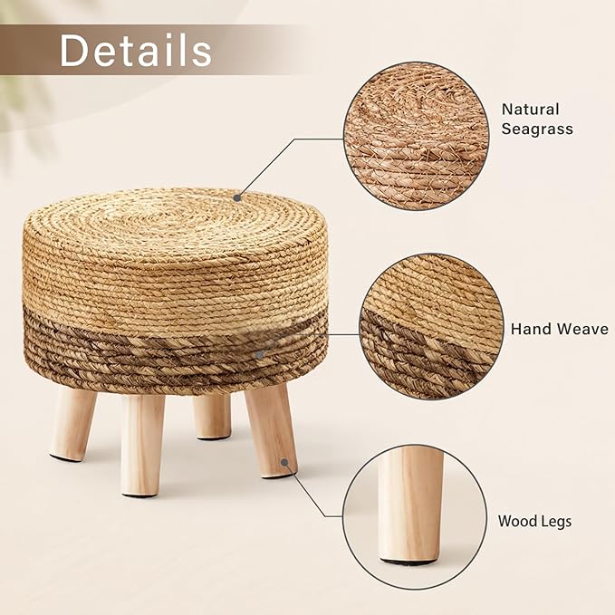 Wimarsbon Round Foot Stool Natural Seagrass Poufs Ottoman Hand Weave Footrest Stool for Couch Desk Extra Seat Step Stool with Solid Wood Legs for Hallway Patio Lounge Brown