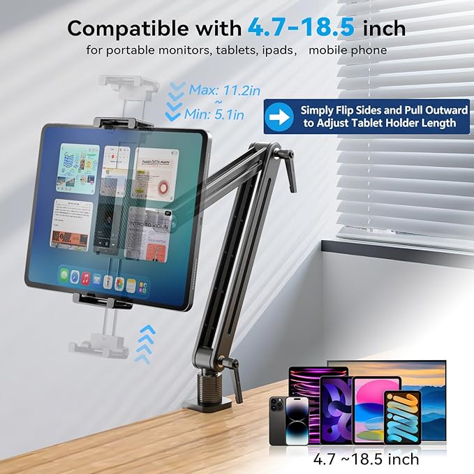 Jakeko Adjustable Portable Monitor Stand 15.6" - 360° Rotating Base Tall Tablet Desk Arm Holder Stand for iPad Air/Pro/Mini Swivel Flexible Clamp Mount Soporte para Tablet/Monitor Portatil/Ereader