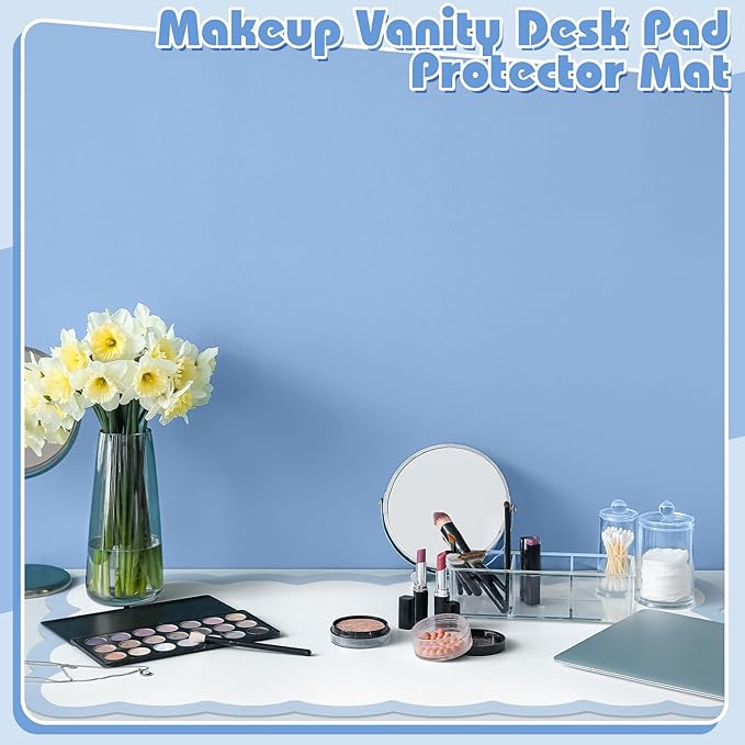 Teenyyou Makeup Mat for Vanity Protect Scalloped Makeup Mat 31.5 x 15.8'' Vanity Cover Top 2026 Graduation Gifts Dual-Sided Dressing Table Pad Waterproof Mouse Pads for Dormitory Desktop(Blue Edge)