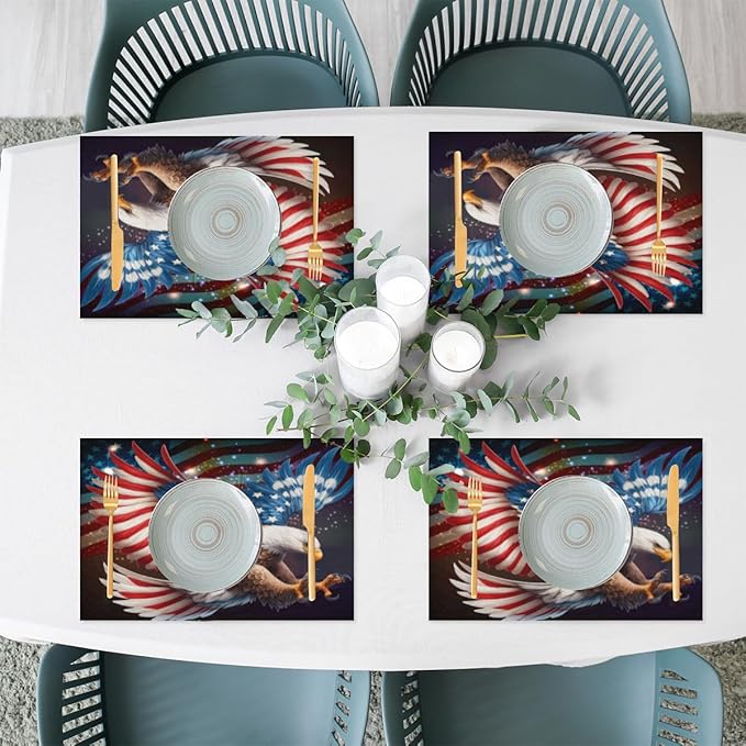 Placemats Set of 4 Heat-Resistant Rectangle Place Mats Independence Day Eagles Washable Plastic PVC Dining Table Mat Non-Slip Wipeable Woven Vinyl Placemat for Kitchen Patio Table Decor