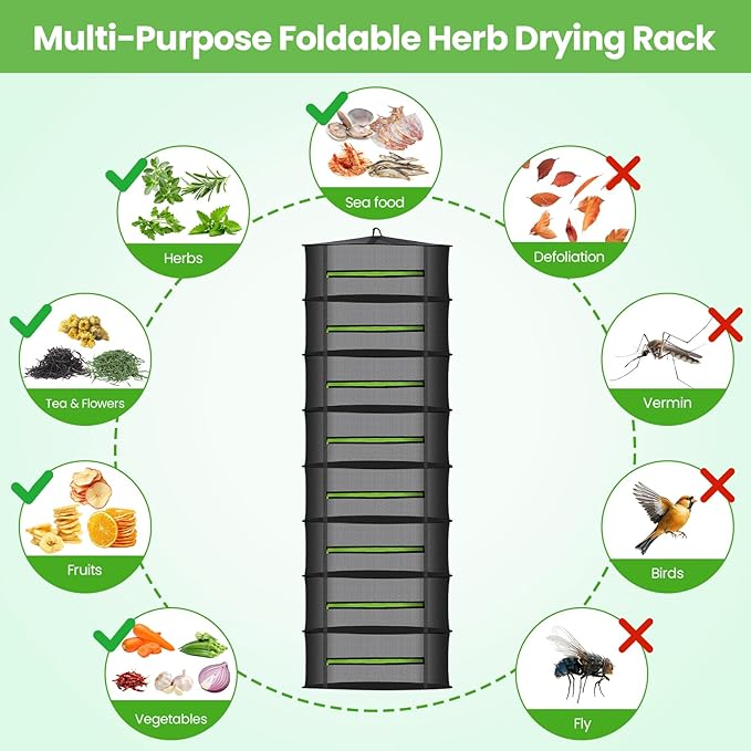 MEKOLIFE Herb Drying Rack Hanging-8 Layer, Collapsible Large Capacity Mesh Net with Green Zipper, Hooks & Bonus Garden Scissors, for Fresh Herbs/Flowers/Plants, Indoor Outdoor Use (23.62")