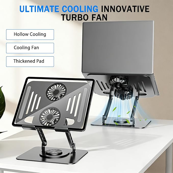 Laptop Stand with Cooling Fan, 360° Rotating Base Aluminum Laptop Riser, Foldable Ergonomic Computer Stand for Desk, Height Adjustable Notebook & All Laptops Up to 17.3" (Black)