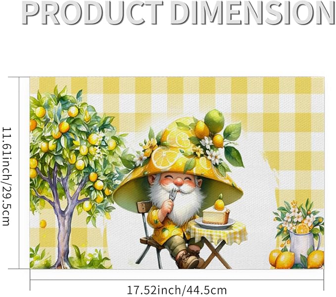Placemats Set of 4 Heat-Resistant Rectangle Place Mats Yellow Lemon Gnomes Washable Plastic PVC Dining Table Mat Non-Slip Wipeable Woven Vinyl Placemat for Kitchen Patio Table Decor