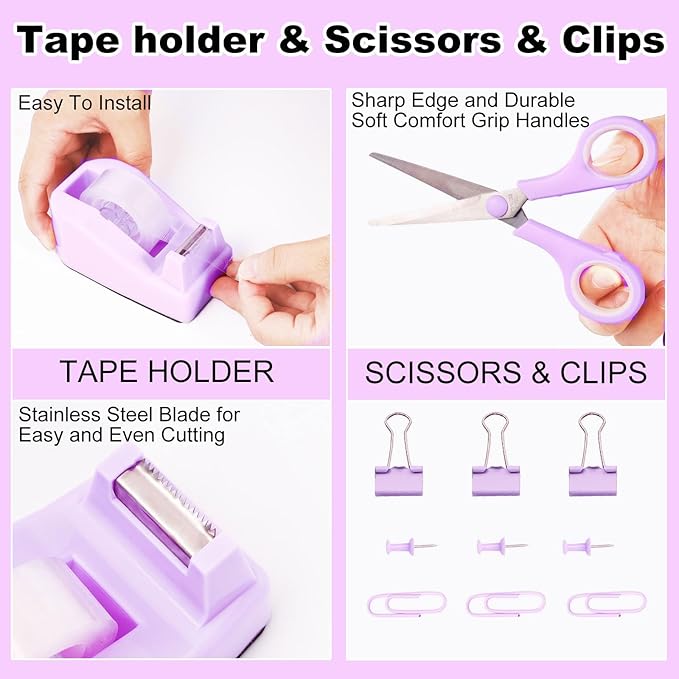 Gawsey Purple Desk Organizers and Accessories Set with 360-Degree Rotating Pen Holder, Tape Dispenser, Stapler, Staple Remover, 1000 Staples, Tape, Clips Set, Ruler, Scissor, Pen