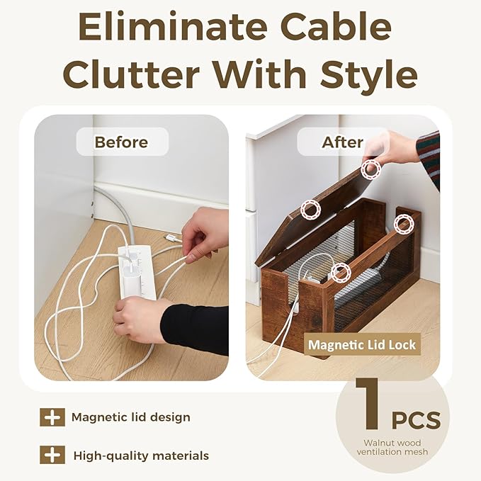 Chunful Extra Large Cable Management Box, 16'' Wood Cord Hider Organizer with Ventilation Nets & Organizer for Power Strip, TV Wires & Desk Cable Storage, Magnetic Lid Hide Floor Cables