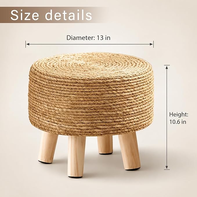 Wimarsbon Round Foot Stool Natural Seagrass Poufs Ottoman Hand Weave Footrest Stool for Couch Desk Extra Seat Step Stool with Solid Wood Legs for Hallway Patio Lounge Natural
