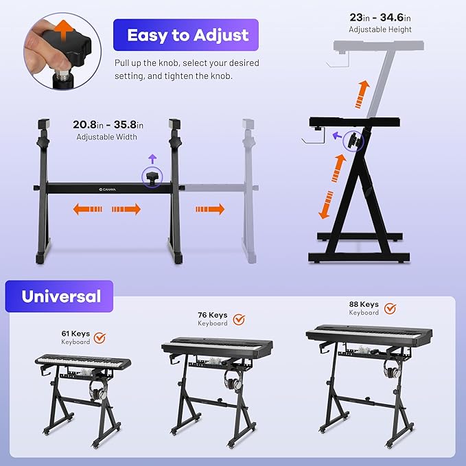 CAHAYA Keyboard Stand Piano Wheels - Adjustable Digital Piano Stand with Cable Management Tray and Wheels Z Style Heavy Duty Portable Folding Adjustable Piano Stand Fits 54-88 Key Electric Pianos