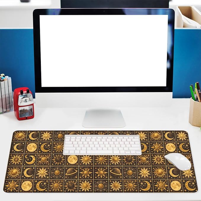 Boho Celestial Gaming Mouse Pad Sun Moon Star Vintage Astrology Mousepad Extended Large Laptop Keyboard Non-Slip Rubber Base with Stitched Edges 31.5x11.8 Inch