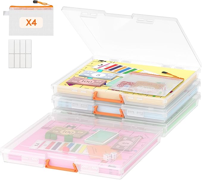 Lifewit 4 Pcs Board Game Storage Boxes, 12.2x10.6'' Paper Container with Secure Latch, Plastic Portable Organizer with Handle & Labels for File,Document, Puzzles, Cards, Art Supplies