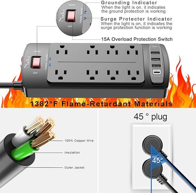 10 Feet Surge Protector Power Strip - Nuetsa Extension Cord with 8 Outlets and 4 USB Ports, Flat Plug, 2700 Joules, for Home, School, College Dorm Room, and Office, ETL Listed, Black