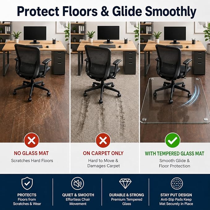 46 x 55 Inch Glass Chair Mat, 1/5 Inch Thick Tempered Glass Office Chair Mat for Carpet and Hardwood Floors, Heavy Duty Clear Floor Protector with Polished Edges and 8 Non-Slip Pads