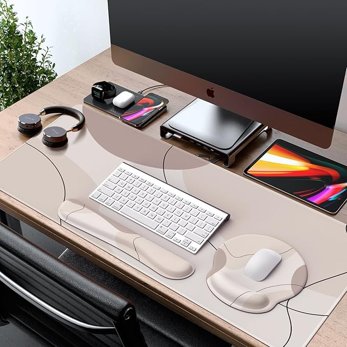 iCasso Large Gaming Mouse Pad Wrist Support Set, Desk Mat, 4in1 XXL Mousepad + Keyboard Wrist Rest+Mouse Wrist Rest+Coaster Set with Ergonomic Design for Home Office Table Computer-Brown Art