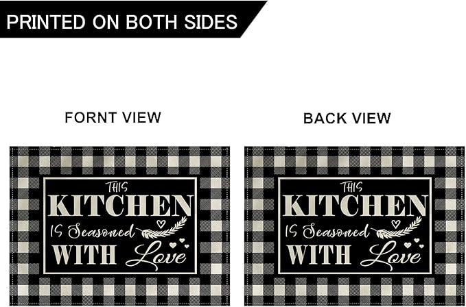 4Pack Farmhouse Decor Placemats Black White Buffalo Plaid Kitchen Inspirational Quotes Decor Table Mats Waterproof Heat Resistant Washable Non-Slip Place Mats for Dinner Kitchen Decor Table 12”×16”