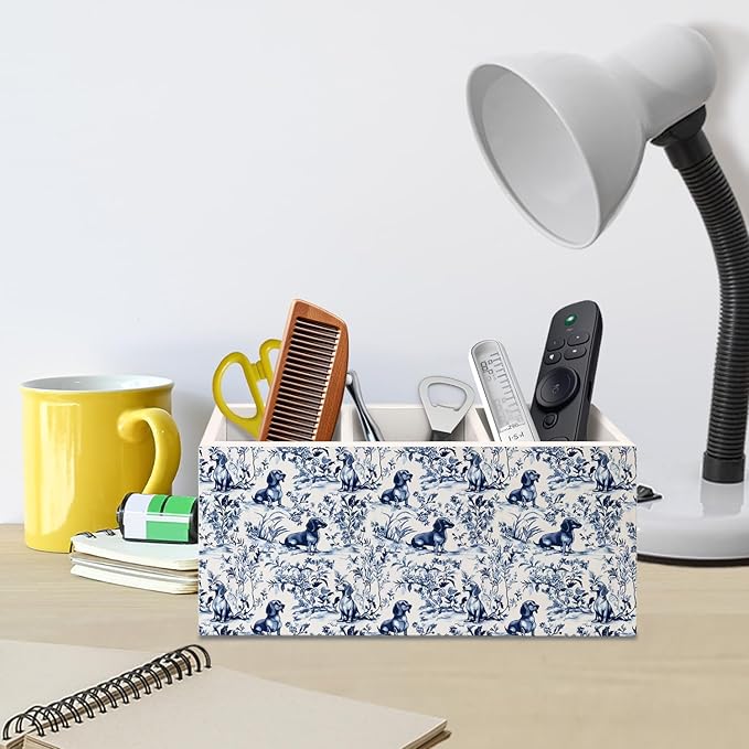 Chinoiserie Dachshund Pen Pencil Holder for Desk, Dachshund Lovers Gifts, Blue and White Wiener Dog Floral Botanical Decorative Sign for Home Office Desk Tabletop Decor