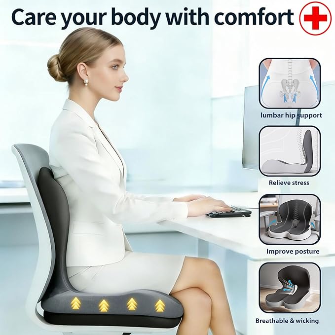Ergonomic Memory Foam Seat Cushion, Lumbar Support Non Slip for Truck Driver Long Driving Office Chair Back Tailbone Pain Relief Black