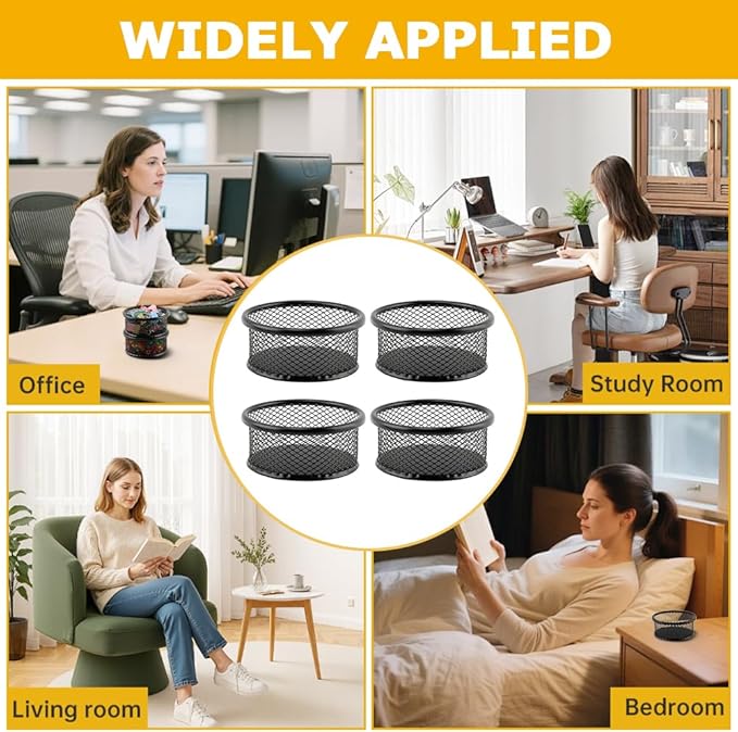 Paper Clip Holder, Stackable Mesh Desk Organizer, 4 Pack Black Metal Dispenser Organizer Box for Desk Office Binder Supplies & Small Accessories(SIZE:Round)